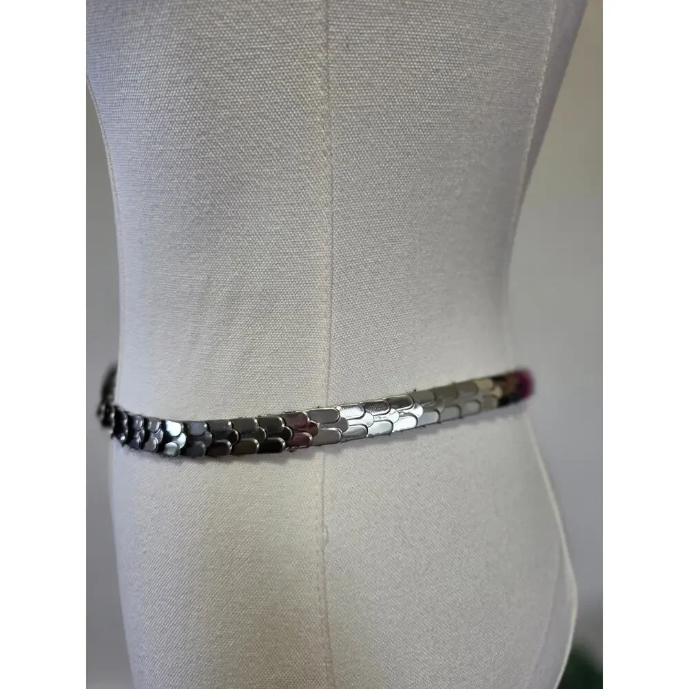 Vintage 80s Silver-Tone Stretch Belt Sleek Rectangular Metal Buckle Elastic Punk